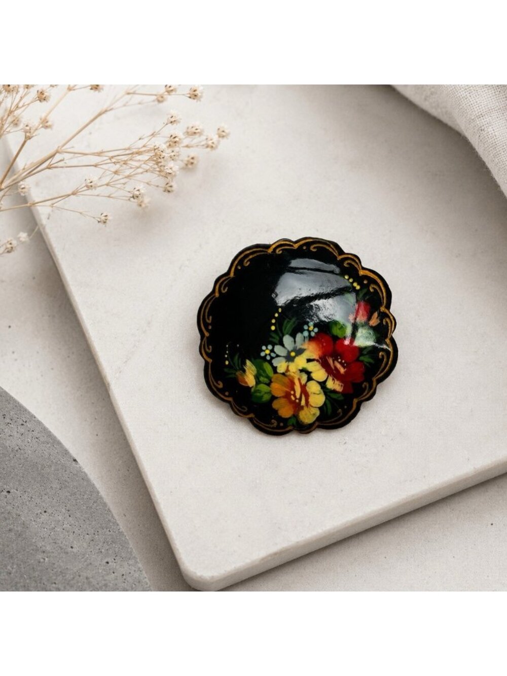 Vintage Handpainted Floral Russian Wooden Brooch Pin Signed Artisan Folk Art